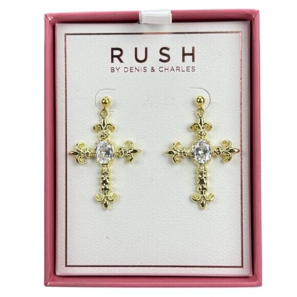 NWT RUSH Gold Cross Rhinestone Earrings - Picture 2 of 6